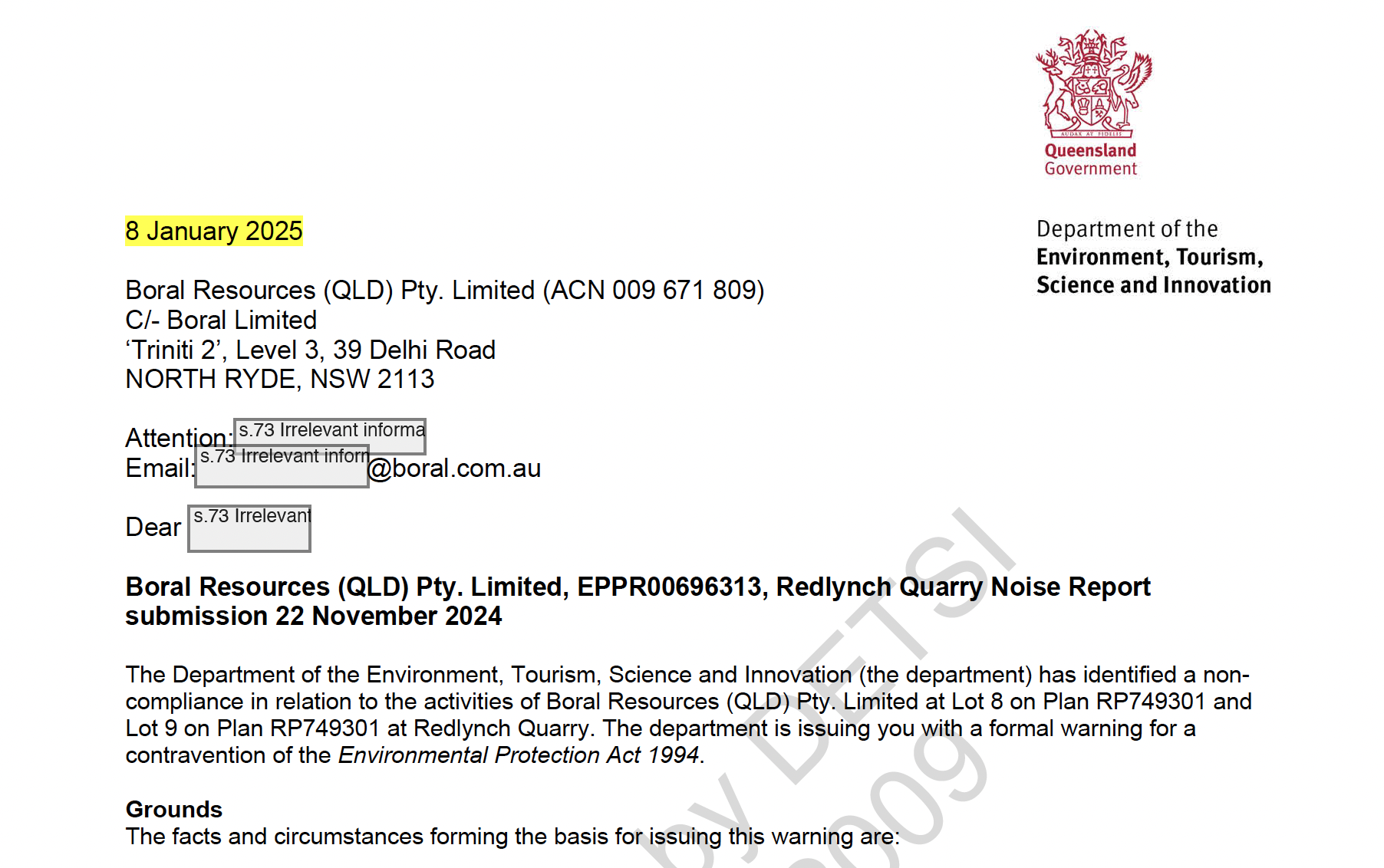 Excerpt of Boral formal noise warning